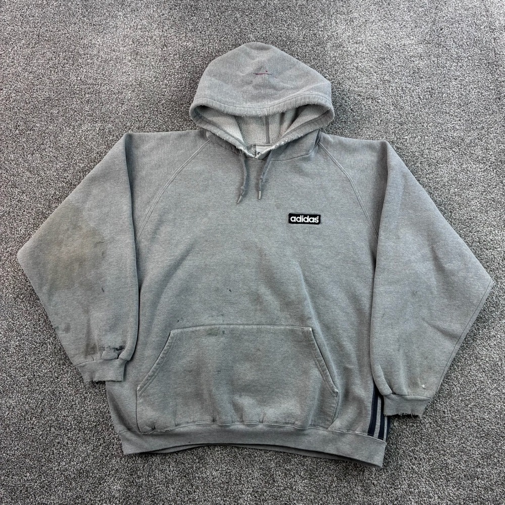 Vintage Adidas Hoodie Mens XL Gray Heavyweight Box Logo Made in USA Streetwear